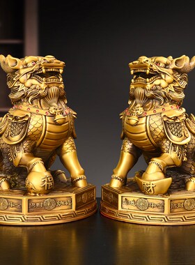 铜麒麟摆件一对家居客厅办公室大号摆件礼品黄铜火麒麟财福禄麒麟