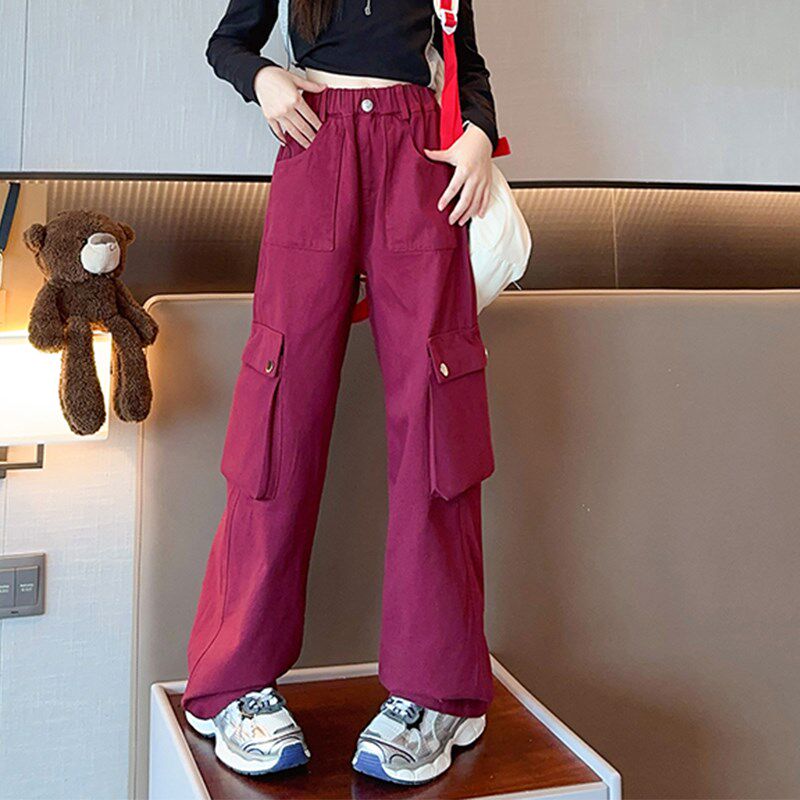 女童工装裤春秋季2024新款大童时尚休闲纯棉直筒阔腿裤儿童长裤子