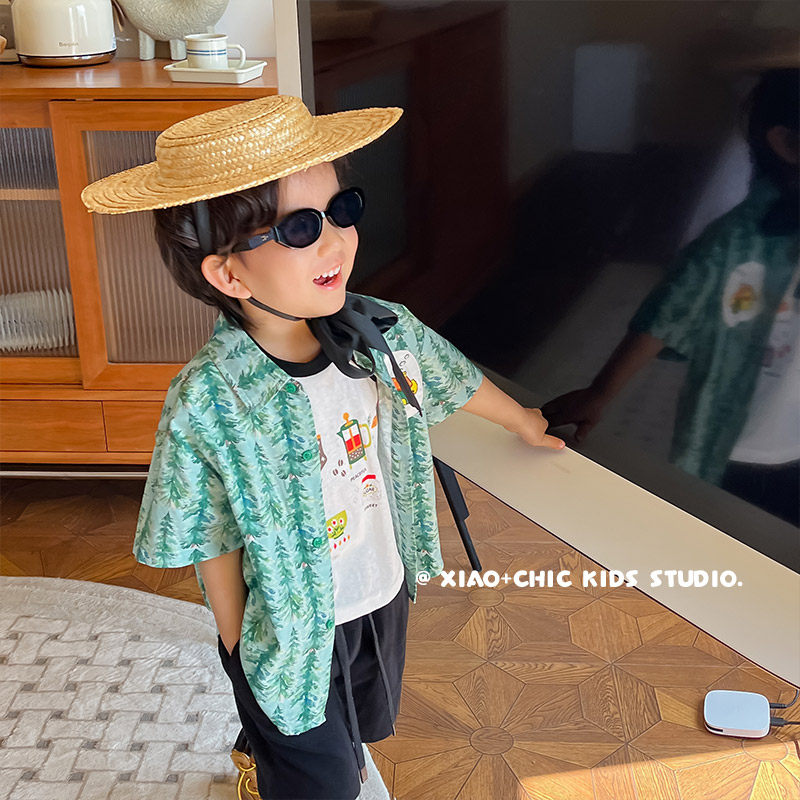 油画森林~儿童夏季薄款纯棉短袖衬衫男童洋气宝宝翻领衬衣上衣潮