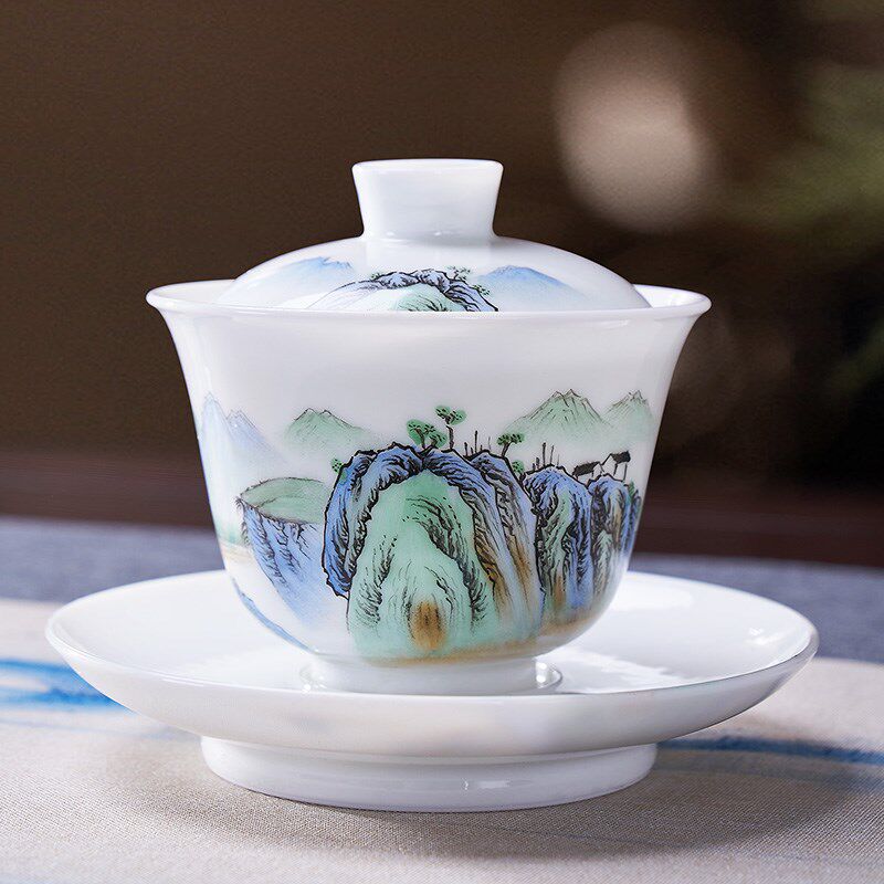 汉唐手绘白瓷三才只此青绿盖碗茶杯手工泡茶碗景德镇陶瓷功夫茶具