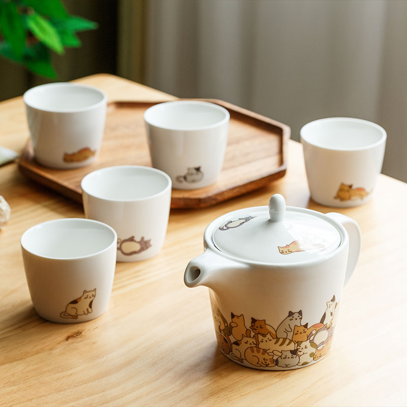 懒猫系列陶瓷茶具套装家用茶壶茶杯水杯一壶五杯组合礼盒装下午茶