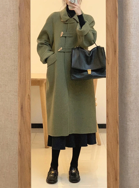 高级设计感绿色呢子大衣女秋冬装新款今年流行中长版休闲毛绒外套