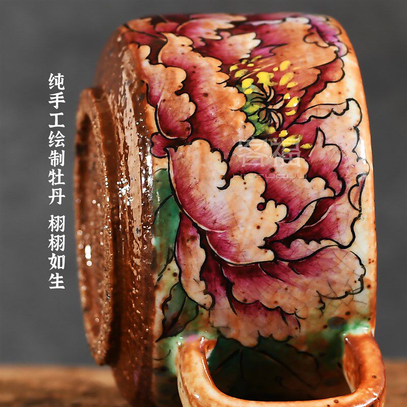 客福 手绘牡丹咖啡杯高档志野烧纯手工陶瓷创意景德镇市茶碗茶杯