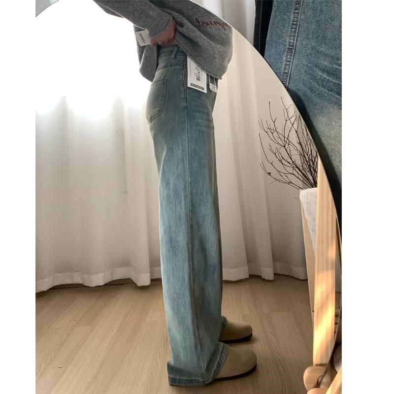 浅蓝色阔腿牛仔裤女春季新款胖mm梨型身材宽松显瘦高腰垂感直筒裤