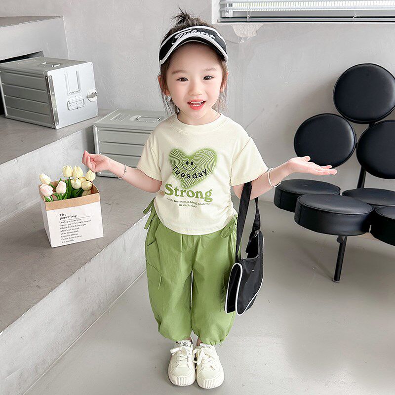 女童夏装套装2024新款儿童休闲洋气工装裤女宝宝夏季时髦短袖抽绳