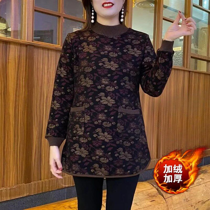 秋冬保暖打底衫新款中老年洋气中长款加厚加绒显瘦长袖妈妈上衣女