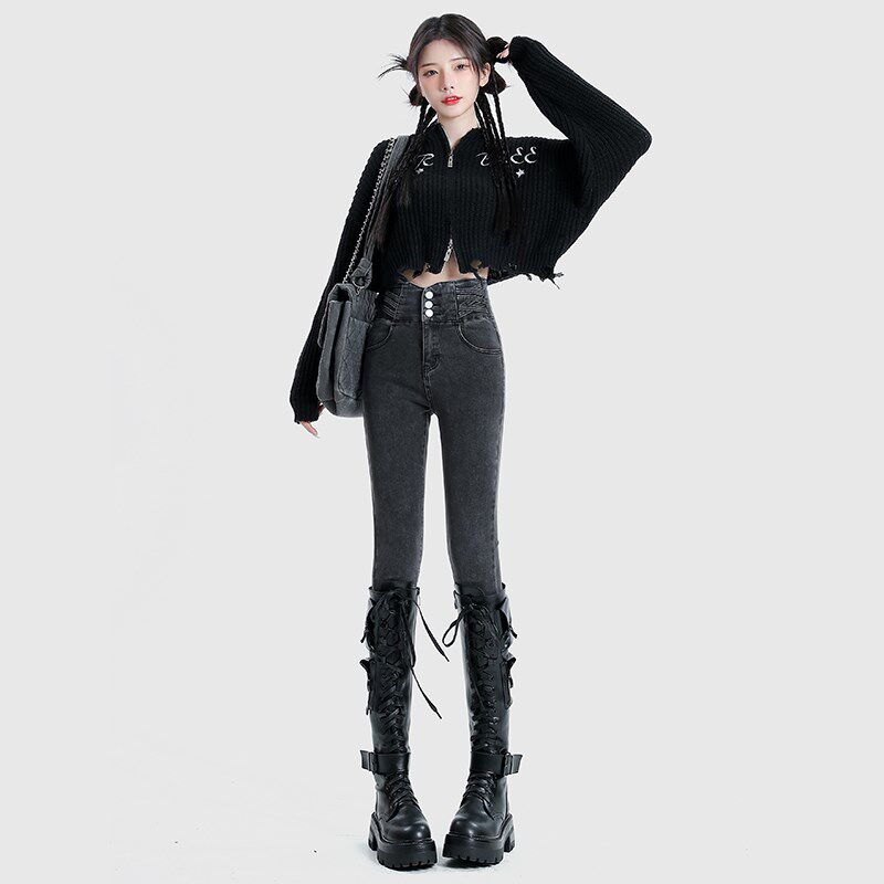 VWU高腰复古牛仔裤女2025新款秋季显瘦弹力修身设计感小脚铅笔裤
