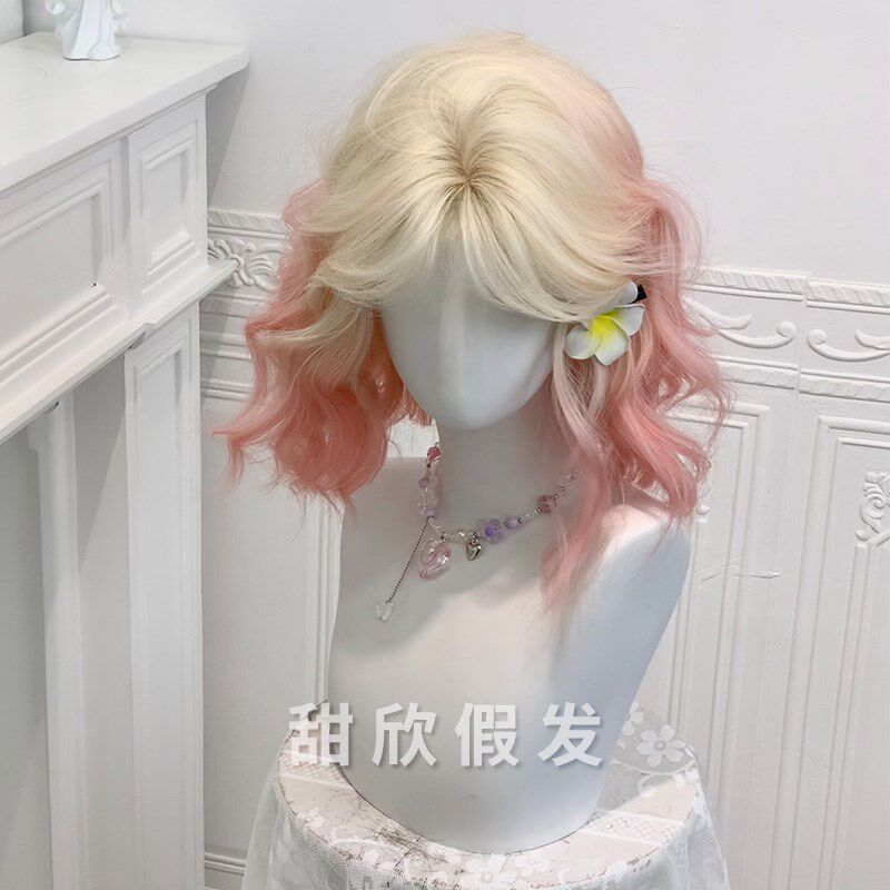 甜欣假发新款蛋蛋卷短发白桃汽水粉金渐变甜美可爱全头套式女假发