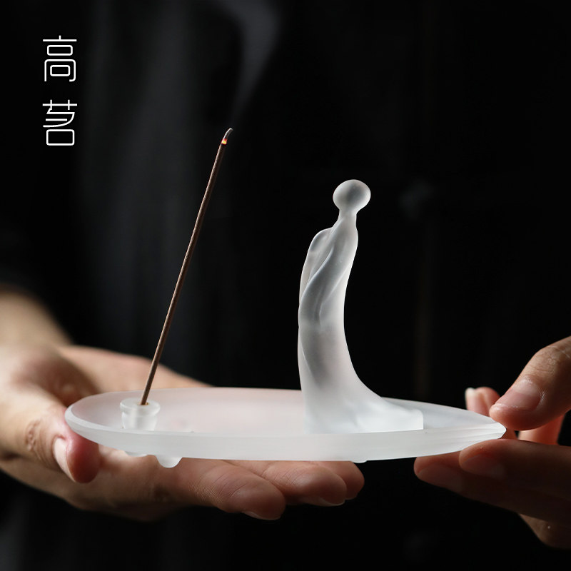 玻璃线香香插日式侘寂风竹叶香器高端手工制作檀香托茶道茶桌摆件