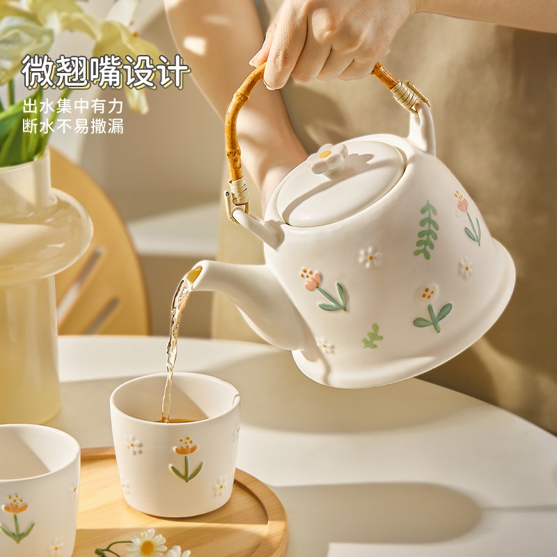 浮雕雏菊泡茶壶套装家用茶杯子杯具陶瓷茶具礼盒乔迁结婚新婚礼物
