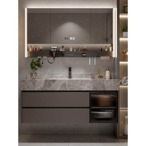 新款简约岩板无缝陶瓷一体盆卫生间浴室柜洗漱台洗手脸台盆柜组合