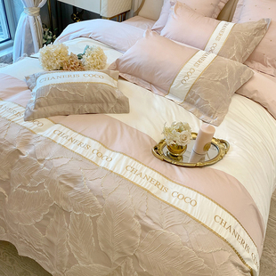 轻奢风纯棉100支长绒棉四件套刺绣提花被套柔软全棉1.8m床上用品