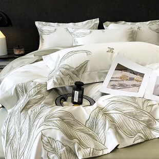 美式 120支长绒棉纯棉四件套田园风植物刺绣全棉被套床单床上用品