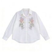 女棉麻法式 衬衫 独特蕾丝绣花蓝色长袖 浪漫衬衣617 玉米专享