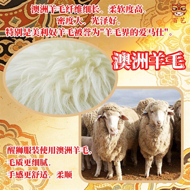 新版9寸儿童澳洲羊毛醒狮头舞狮表演服狮头套装小学初中演出道具图片