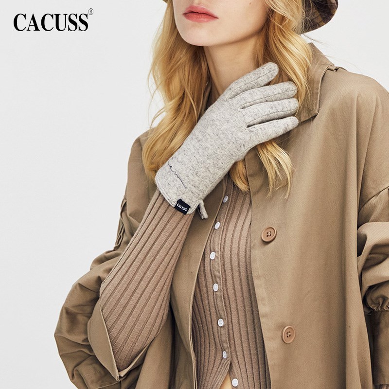 cacuss羊毛纯色手套女士秋冬季出行保暖加绒可触屏防风女分指男士