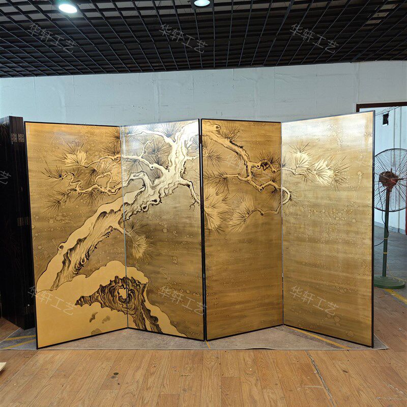 定制中古手绘漆画古松仙鹤屏风隔断玄关茶室折叠酒店背景装饰餐厅