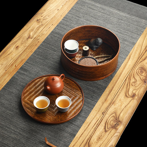 手工竹编大漆茶具收纳盒家用圆形带盖桌面防尘收纳筐中式大漆托盘