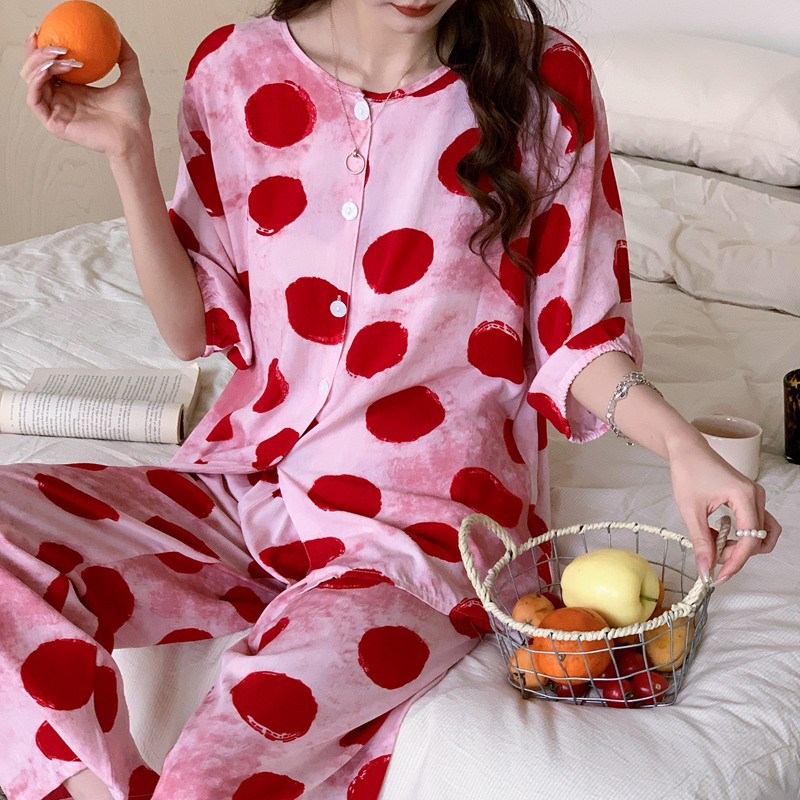 棉绸睡衣女春夏短袖长裤绵绸家居服中袖人造棉套装小个子大码可爱
