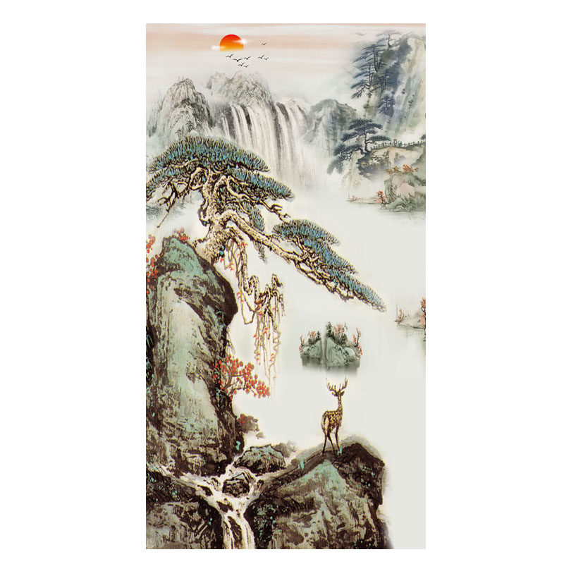 过道玄关岩板背景墙客厅瓷砖微晶石大理石石材雕刻立体山水迎客松