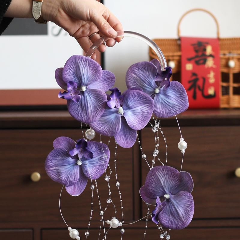 原创手工复古蝴蝶兰珍珠瀑布手拎花新娘手捧花结婚拍照饰品手拎花