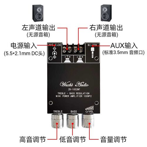 ZK-1002MT 100W*2高低音调立体声双声道蓝牙音频功放板模块