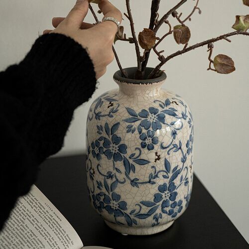 冰裂青花纹法式陶瓷花瓶水培鲜花插花餐厅花器中古风客厅玄关摆件