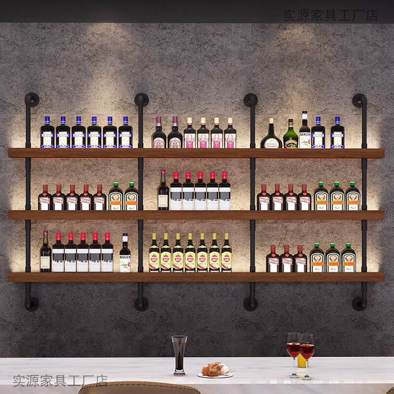 新款墙上酒架餐厅酒吧烧烤店吧台壁挂式靠墙铁艺多层实木置物架子