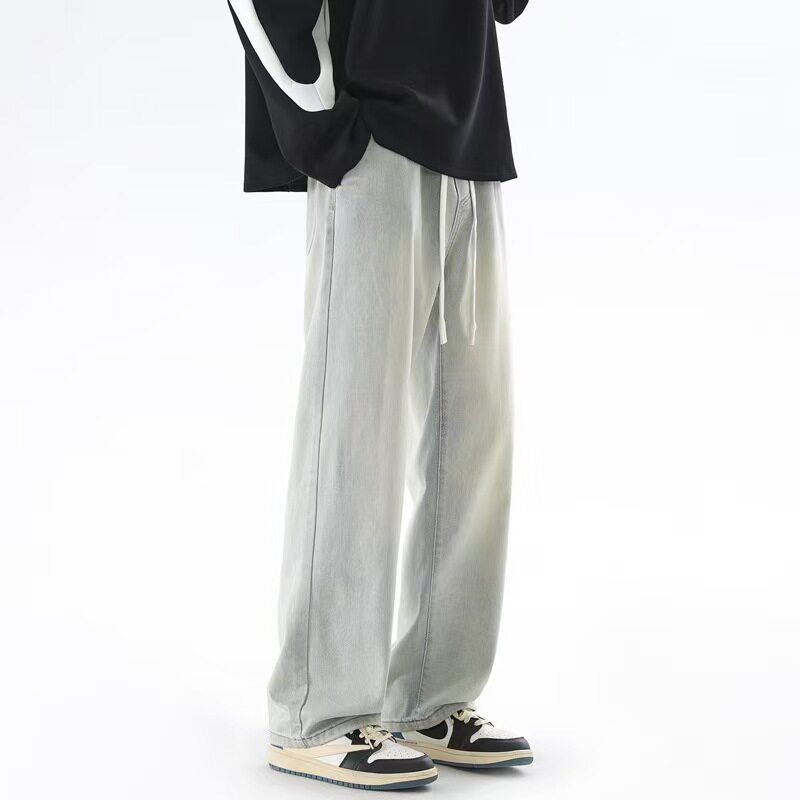 美式直简牛仔裤男春夏2026新款高街潮牌宽松浅色阔腿男生复古裤子