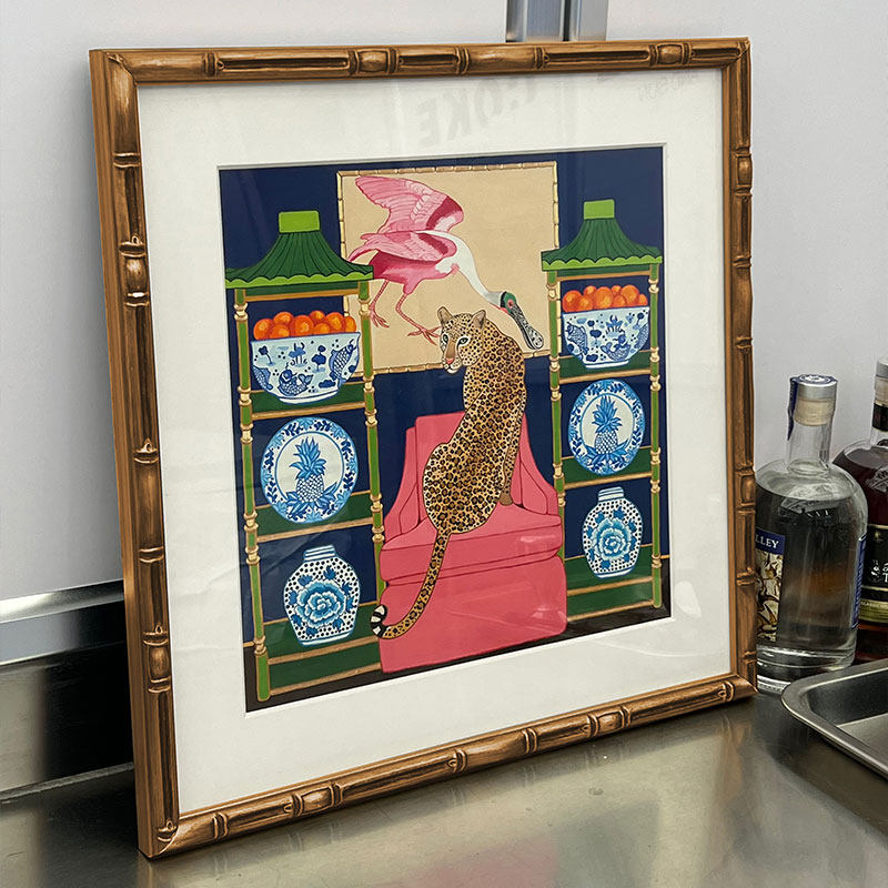 【青花瓷豹】中式插画风沙发背景墙实木框装饰画家装壁画餐厅挂画