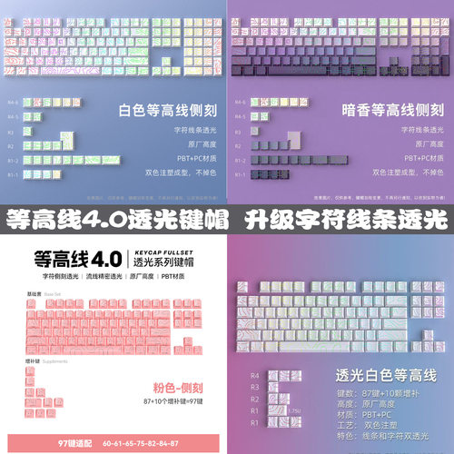 跨境爆款等高线4.0机械键盘键帽侧刻双色注塑RGB透光原厂适配104
