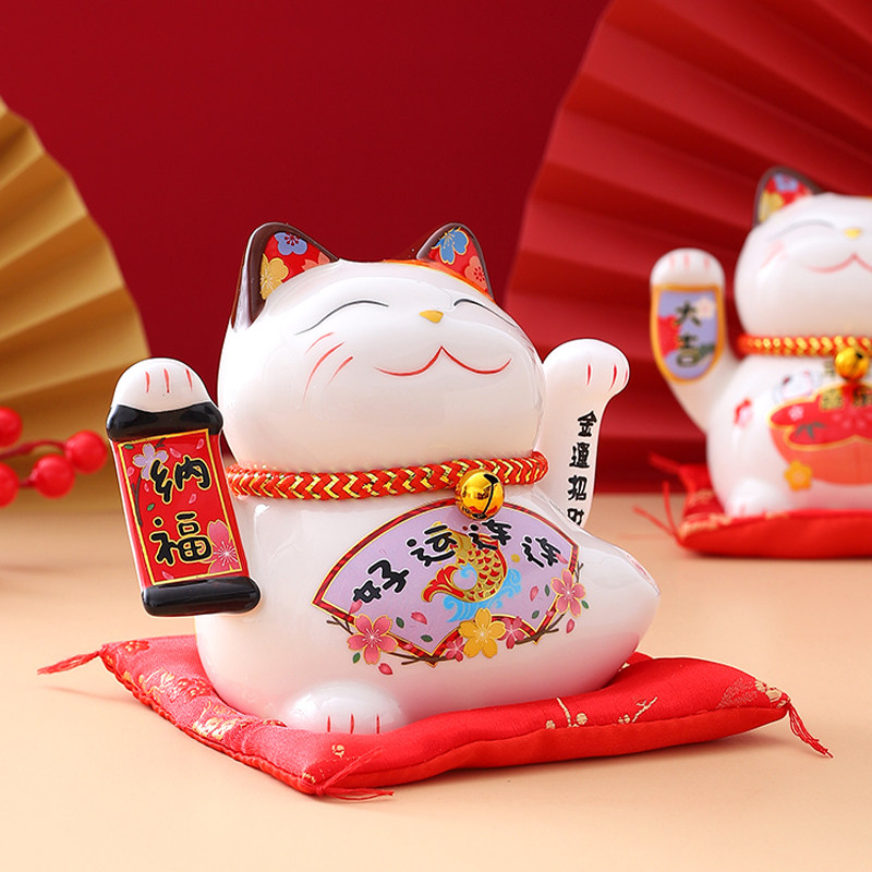 招财猫小摆件自动招手陶瓷发财猫装电池朋友送礼物办公桌家居装饰