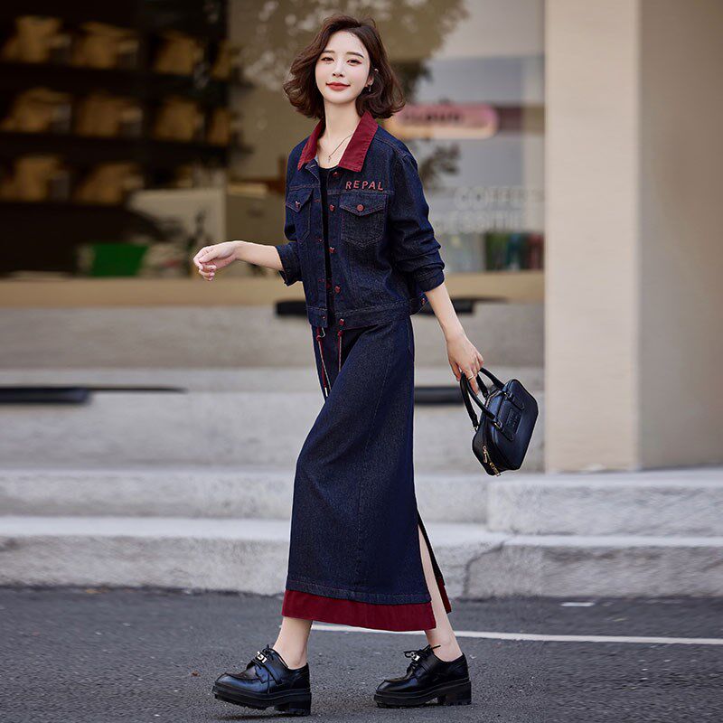 春装高端牛仔半身裙套装裙女装2025新款春秋时尚两件套长裙高级感