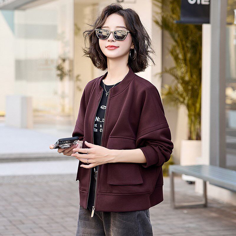 安可拉红休闲百搭立领外套女短款2025春秋季时尚宽松显瘦开衫卫衣