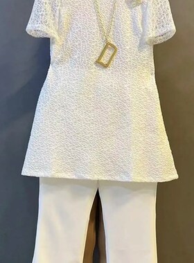 胖妹妹中长款短袖蕾丝上衣夏季新款洋气大码女装打底休闲裤两件套