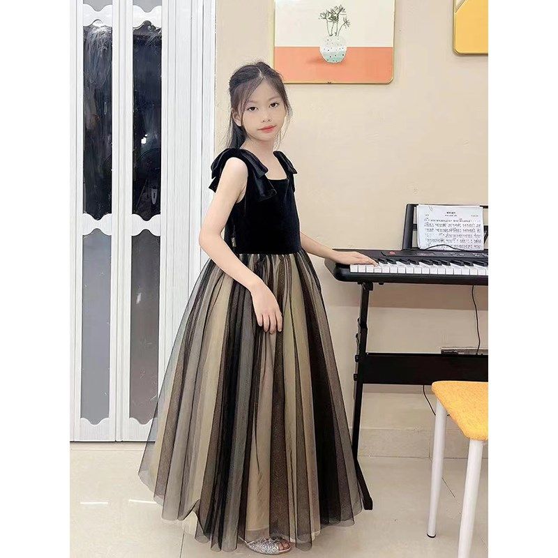 儿童钢琴演出服女童黑色礼服公主裙高端小提琴演奏比赛表演服装