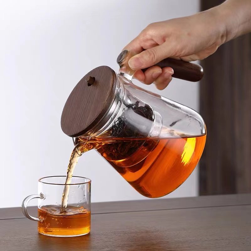 飘逸杯泡茶壶全玻璃内胆侧把胡桃木茶水分离过滤泡茶杯家用冲茶器