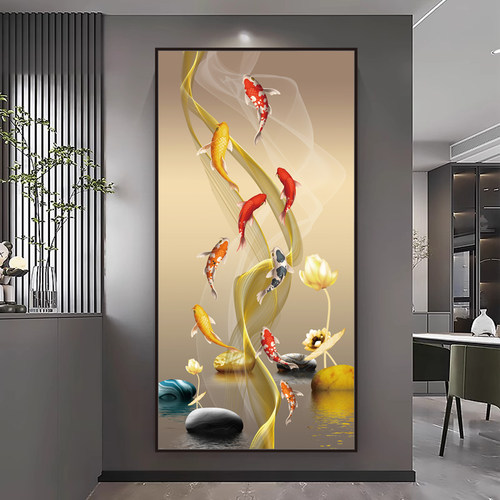 九鱼玄关门装饰画贴纸自粘3d立体壁画墙贴画入户过道客厅山水墙贴