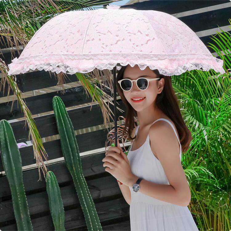 粉红色烧花三折黑胶蕾丝防紫外线防晒遮阳太阳伞晴雨伞少女公主伞