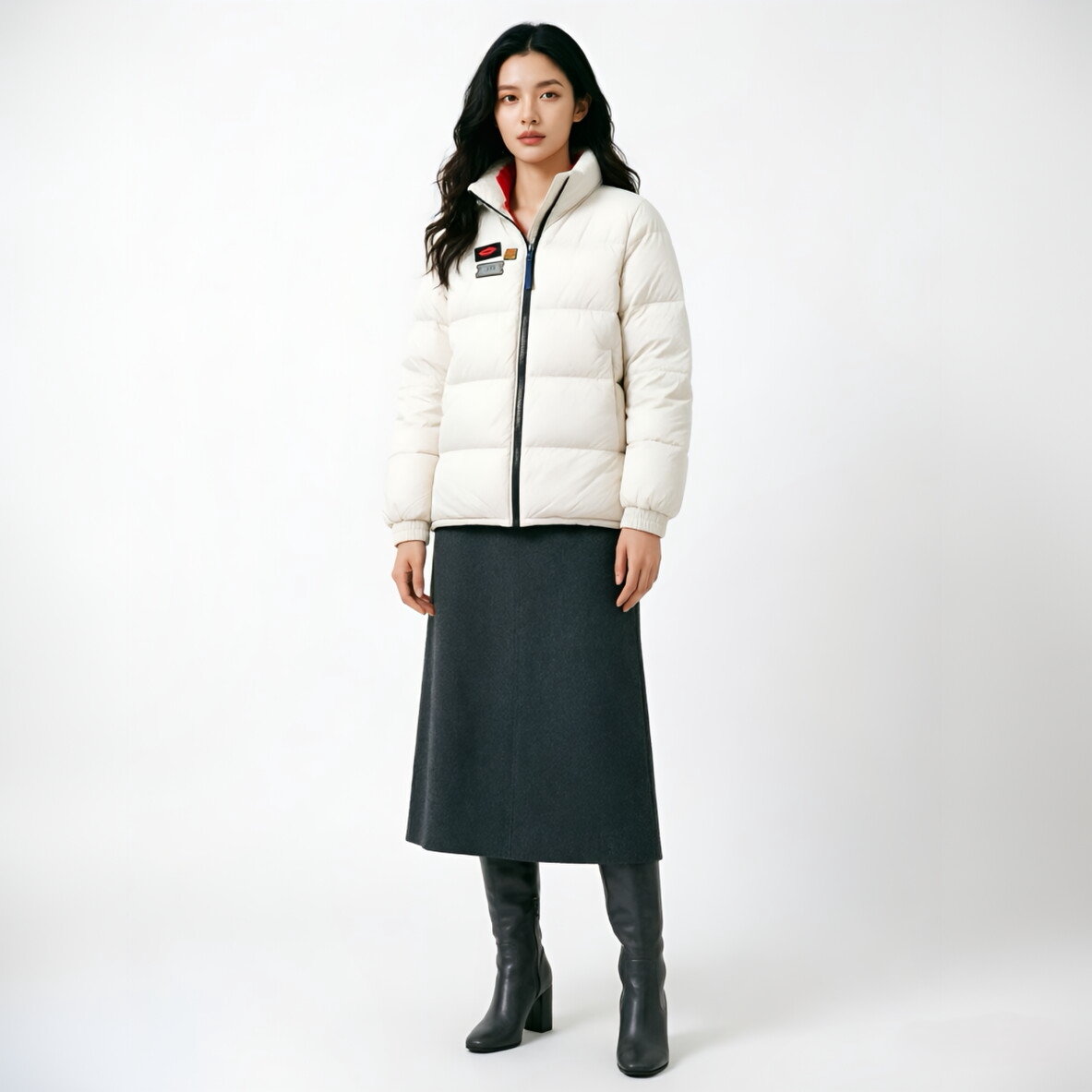 立领连帽白鹅绒中长款女士羽绒服女冬季保暖面包服白色拉链外套