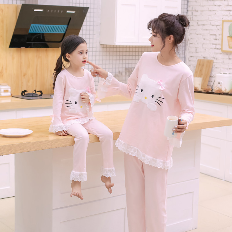 春季儿童睡衣纯棉女童长袖套装母女宝宝打底空调可爱小女孩家居服