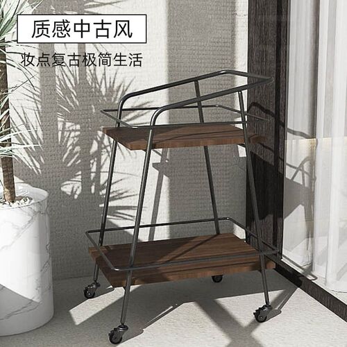 中古风手推车沙发边几新中式推车置物架复古风床头柜小餐车零食车