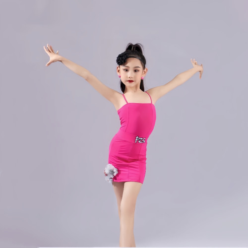 2023新款少儿拉丁舞服女儿童桃粉色花朵练习服女童拉丁表演服套装