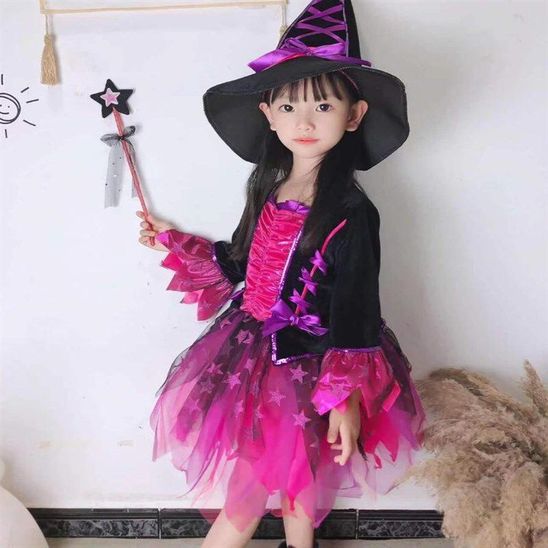 儿童万圣节服装披风女童礼服女巫婆吸血鬼连衣裙小女孩舞会演出服