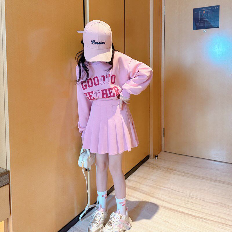 女童套装春装2024新款儿童套头卫衣中大童夏季网红百褶裙两件套潮