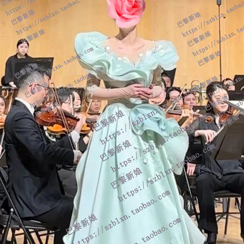 2024新款浅绿色荷叶领闪小A摆钻轻奢音乐会歌唱比赛舞台服装礼服
