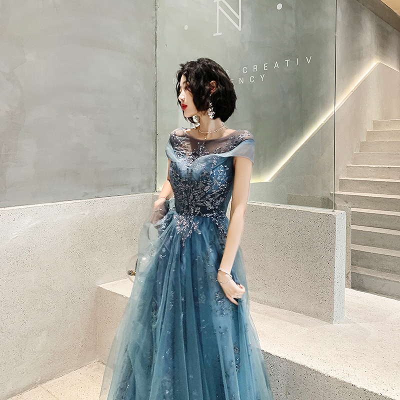 婚礼年会长款礼服女仙气2022新款宴会梦幻气质一字肩晚礼服高贵秋