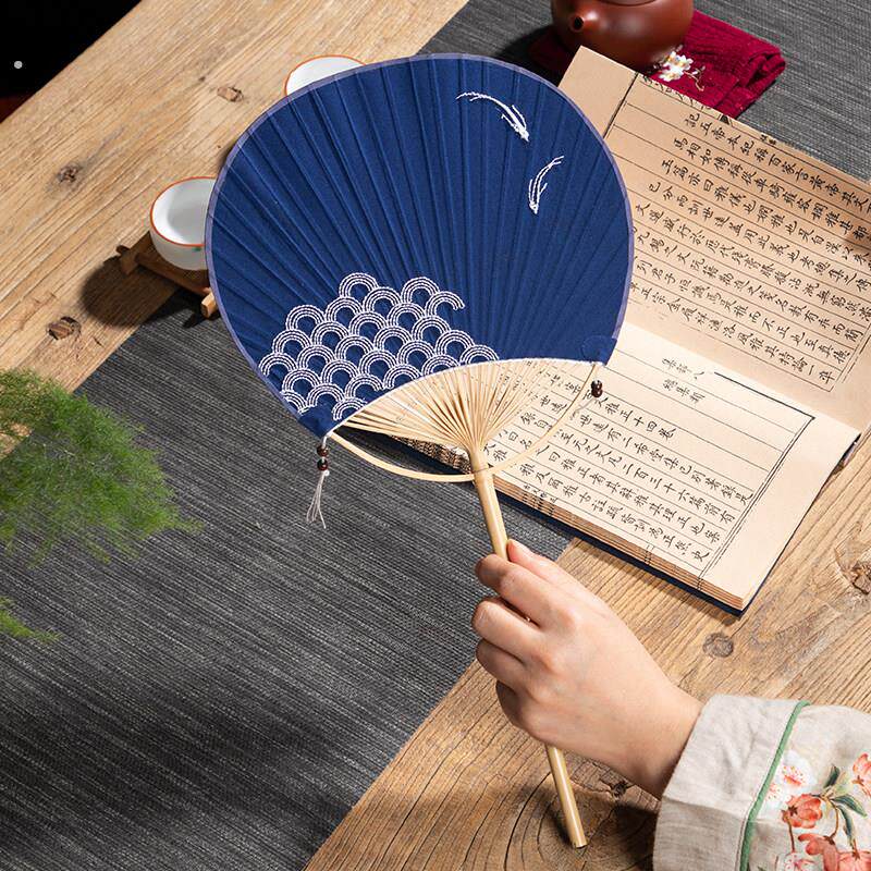 手工团扇竹柄简约布艺团扇 纯色复古风扇子日式和风古典刺绣团扇
