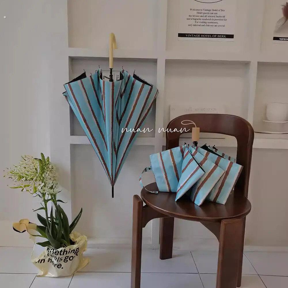 长柄伞复古条纹雨伞女晴雨两用小巧自动防晒紫外线遮阳太阳伞