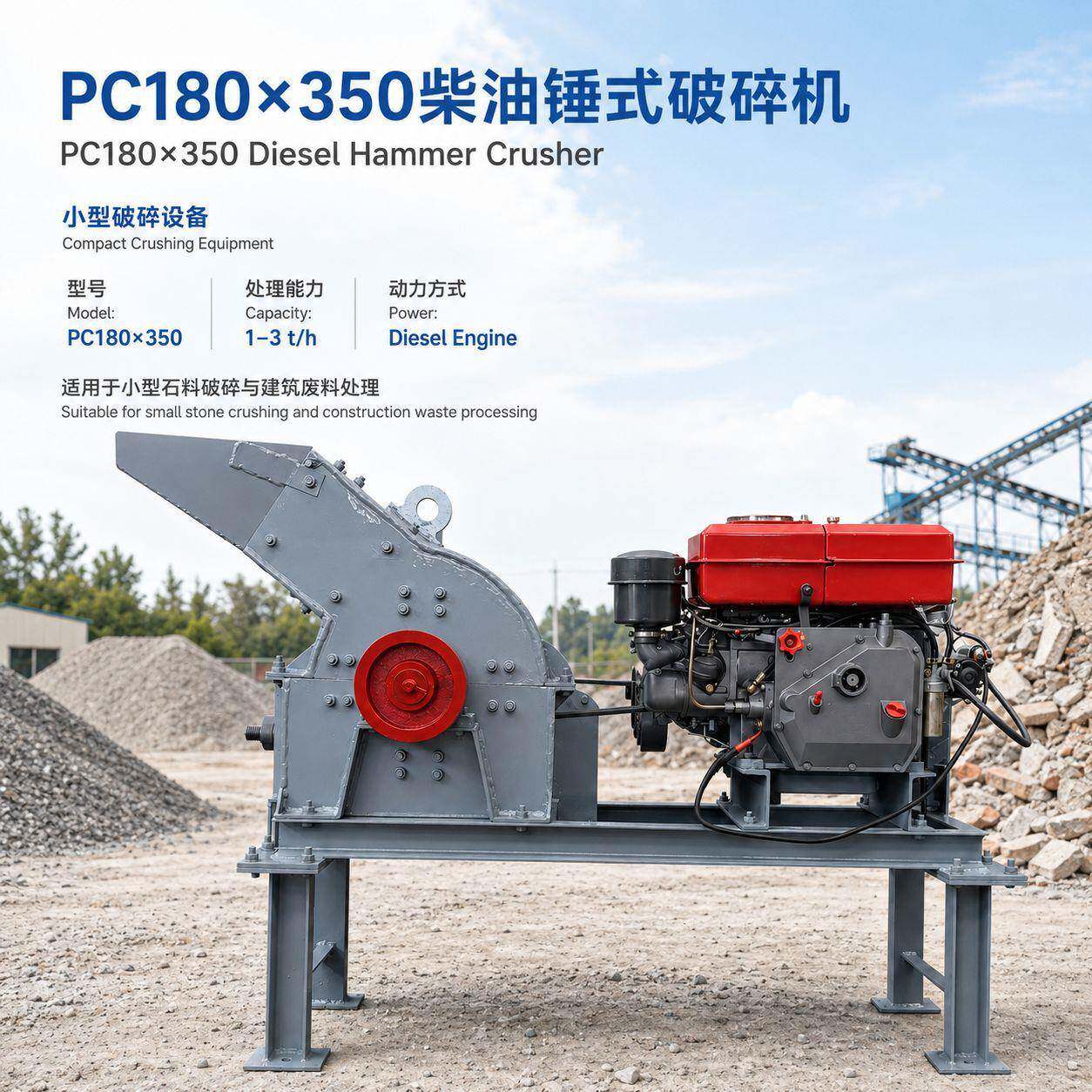 PC180×350小型锤式破碎机柴油动力固定机架砖块混凝土破碎设备